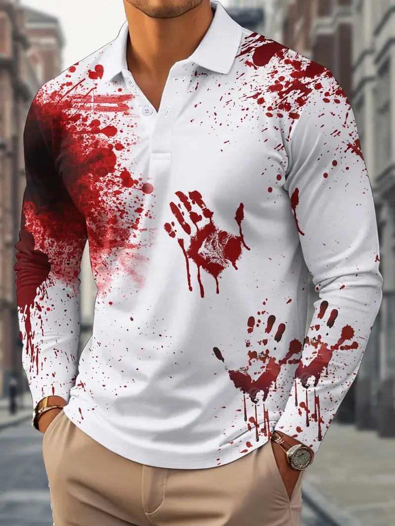 Divertido y divertido estampado de palma manchado de sangre impresión 3D personalidad de la calle de los hombres camisa POLO de manga larga transpirable de malla suelta