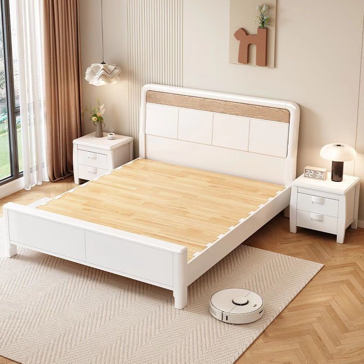 Modern Minimalist Light Luxury Mortise and Tenon Silent Solid Wood Bed with White Thickened Bed Board, 1.8m Double Bed Air Pressure Storage Bed