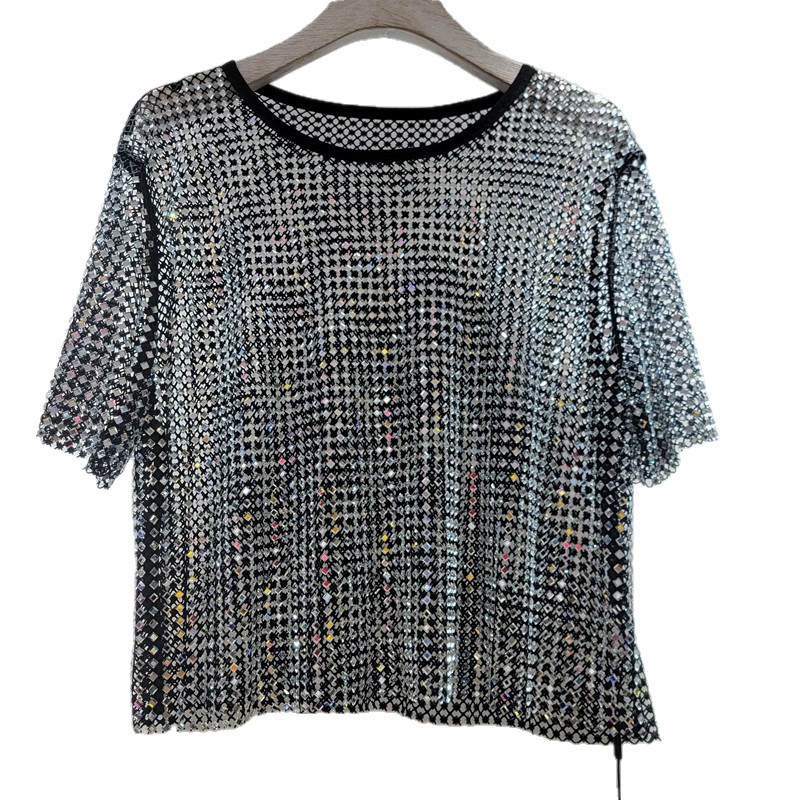 El nuevo producto europeo, la industria pesada, el diamante en caliente, la sensación de frío, el diamante estrellado, el cuello redondo, la blusa de manga corta, la camiseta transparente hueca image 5