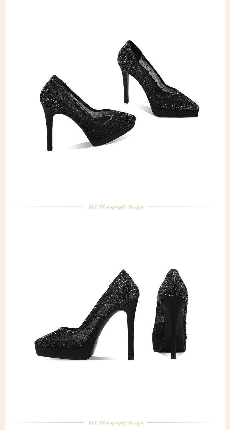 Giày cao gót nữ mũi nhọn da thật đế platform gót siêu cao 12 cm, phối lưới đính đá rhinestone — đen chi tiết 10