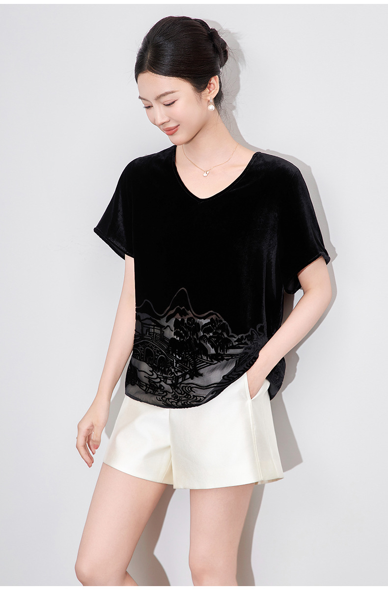 Áo len cổ lọ nữ chất liệu nhung lụa đốt hoa họa tiết sơn thủy — Màu đen chi tiết 9