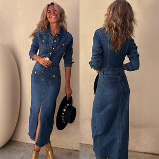 2024 Europe and the United States cross-border Amazon independent station fashion casual multi-button long sleeve Denim long dress 29283