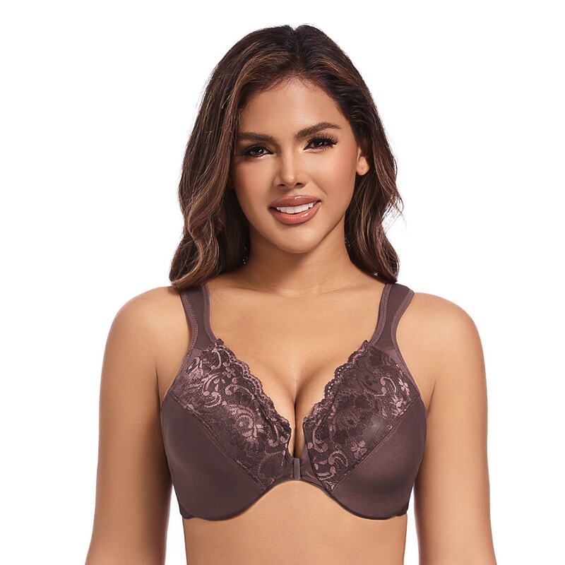 Cross-border thin cotton-free gathered ladies underwear sexy lace with steel ring adjustable plus size front buckle bra wholesale