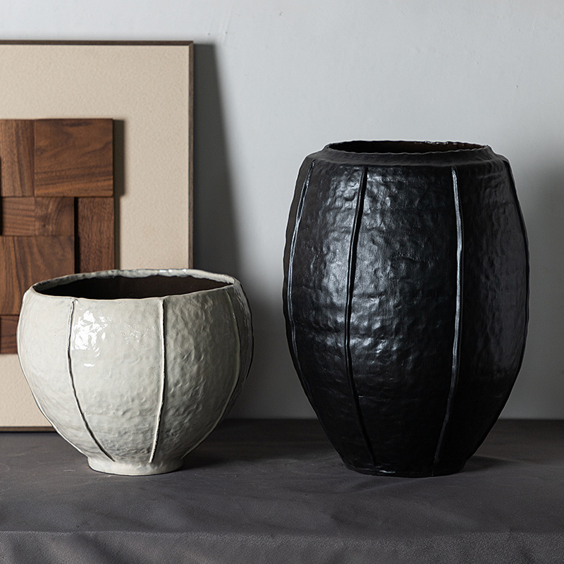 Wabi-Sabi Zen Style Jingdezhen Ceramic Vase Handmade Pottery Large-Mouth Flower Vessel Green Plant Pot New Chinese-Style Tabletop Flower Pot