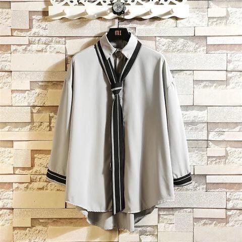 Loose Tie Black Couple Long-Sleeved Splicing Men's Shirt 2024 Spring New Style Lazy Style Korean Style Top Trendy