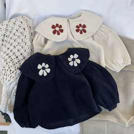 荷叶领大花朵2024童装秋装新品 女童秋季韩版刺绣泡泡袖长袖衬衫