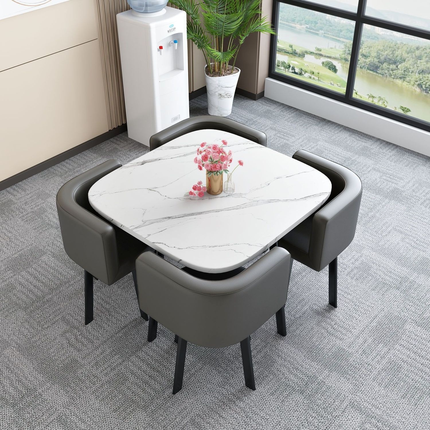 80CM white pattern square table + 4 dark gray leather chairs