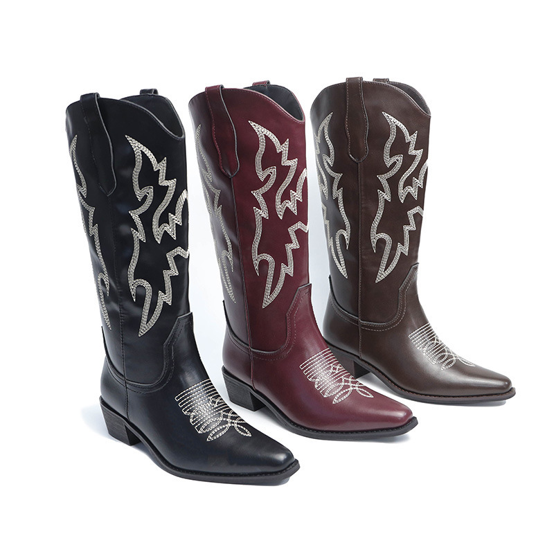 Order New Retro Embroidered Western Boots 2025 Winter Export Pointed Toe Mid-Calf Women's Boots Cross-Border Medieval Boots