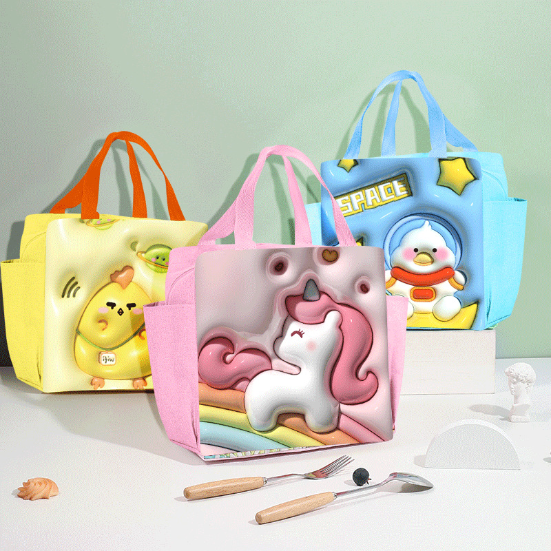 Bolsa de lonchera de dibujos animados con patrón tridimensional 3D bolsa de aislamiento grueso portátil con almuerzo bolsa de almuerzo para el trabajo y la escuela bolsa de almuerzo explosión