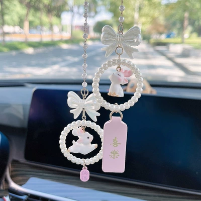 Jewelry Pendant Car Rearview Mirror – Car hanging - bow-deer-pink-happy