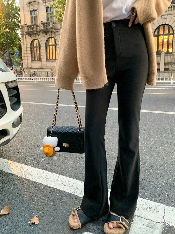 曾小咸 黑色高腰微喇裤女秋修身显瘦休闲西装裤马蹄裤喇叭裤裤子|undefined