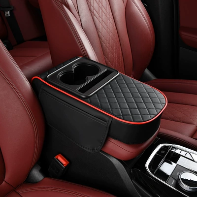 Tissue Box Water Cup Holder | Armrest box pad - double-pocket-armrest-box-round-head-4-in-1-black-and-red-line