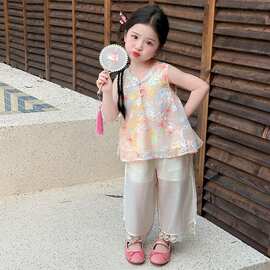女童套装夏装2026新款儿童夏季大格子娃娃衫女宝夏洋气休闲二件套