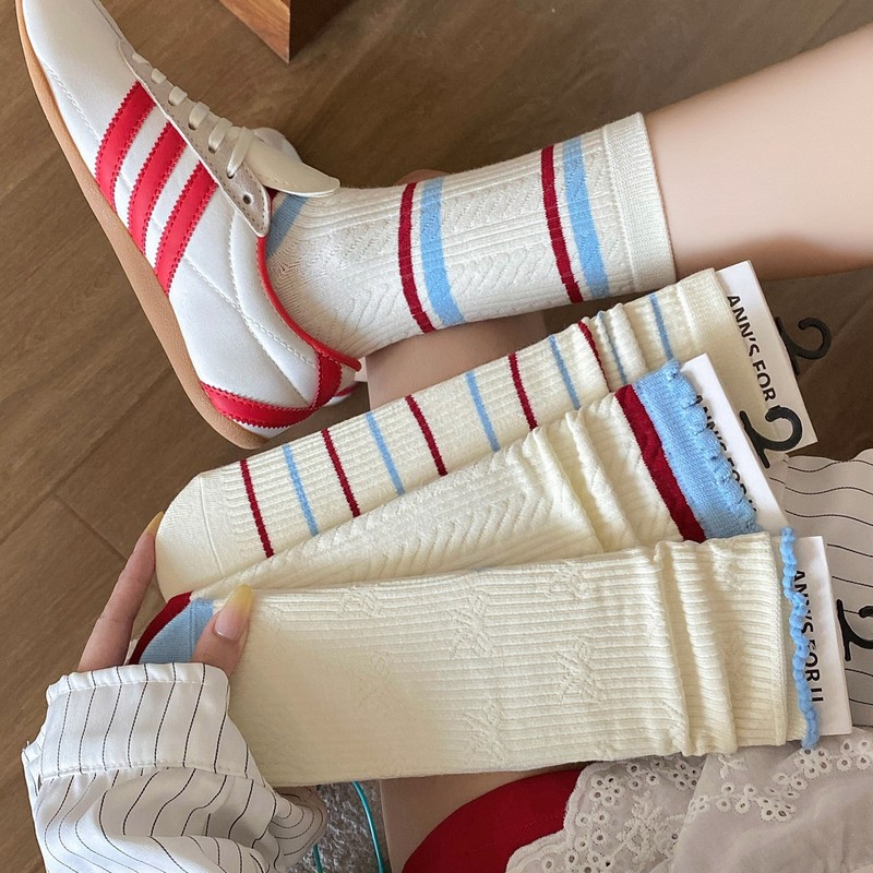 微压抗起球无骨纯棉堆堆袜ins风袜子女白蓝红色系暗纹麻花中筒袜|undefined