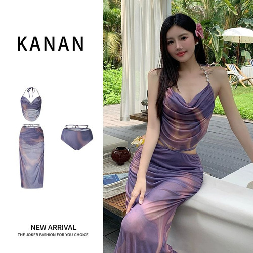 Summer New Three-Piece Swimsuit for Women, Separate Design to Cover the Waist, Slimming Long Skirt, Pure Desire Style, Teenage Beach Vacation Swimwear