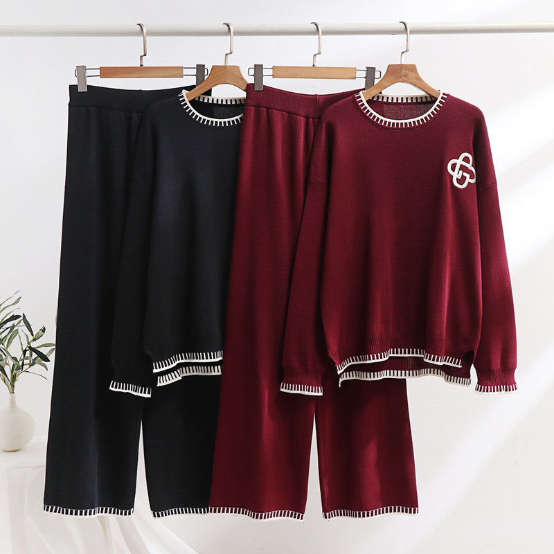 Damen Strick Pullover Zweiteiler Mit Stickerei Und Weiter Hose_voghion.com