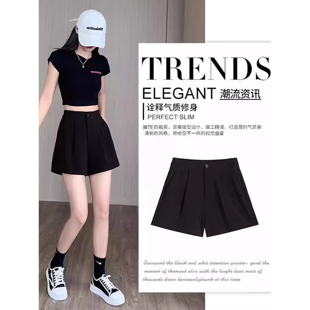 Quần short nữ cạp cao dáng chữ A ống rộng mùa hè — Màu đen (gửi thắt lưng xoắn khóa ngẫu nhiên)