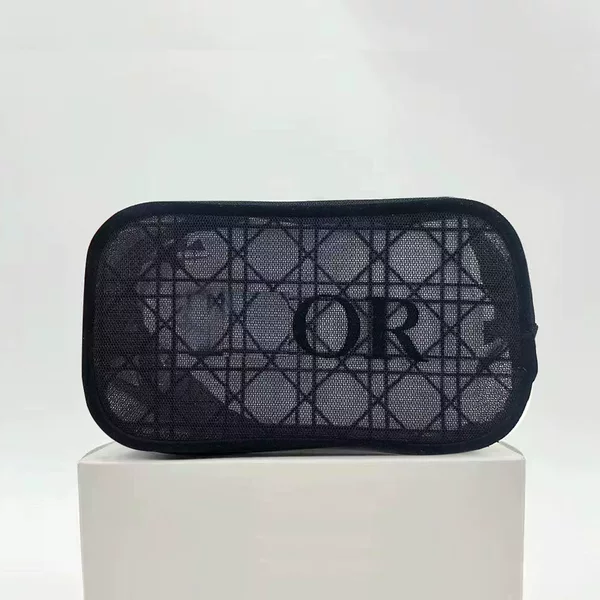 New Black Cannage Pattern Makeup Bag with Mesh and Velvet Logo, Portable Toiletry Bag, Handheld Cosmetic Storage Bag