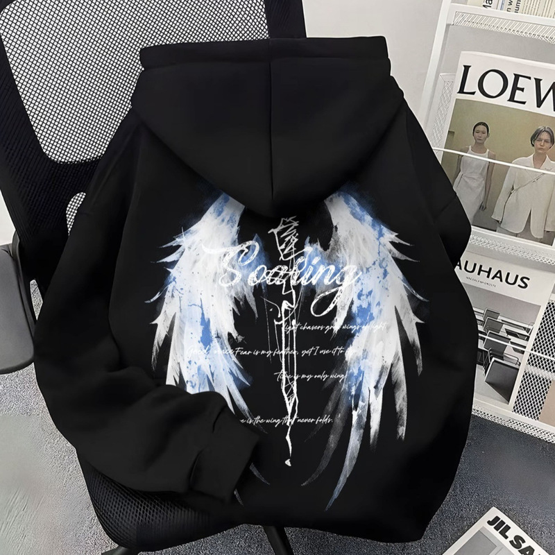Plus Size American High Street Trendy Wings Printed Hooded Sweatshirt Men's Autumn and Winter Velvet Casual Loose Couple Jacket Plus Size American High Street Trendy Wings Printed Hooded Sweatshirt Men's Autumn and Winter Velvet Casual Loose Couple Jacket