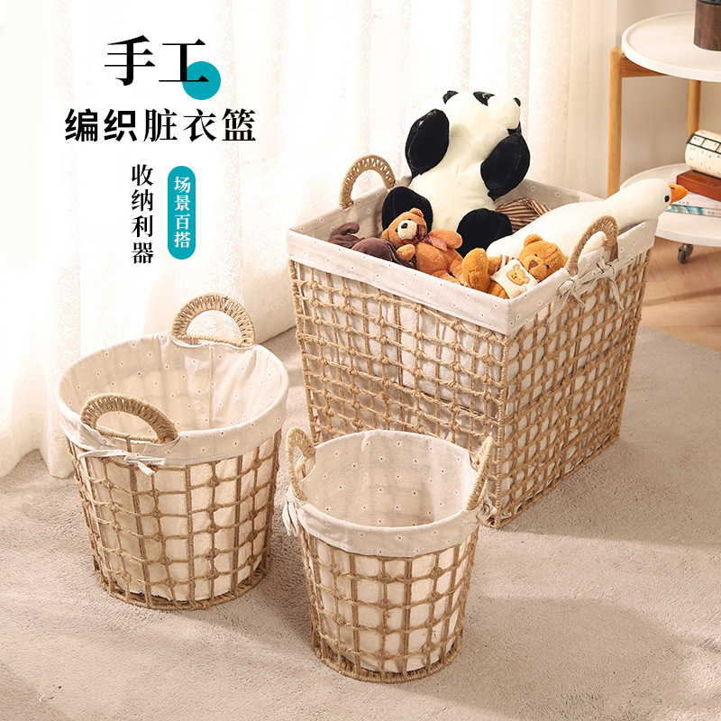 Cesta de ropa sucia de tejido con mano de mano de tela de caña imitación de ropa juguete de almacenamiento de tela de paja cesta de ropa sucia cesta de baño