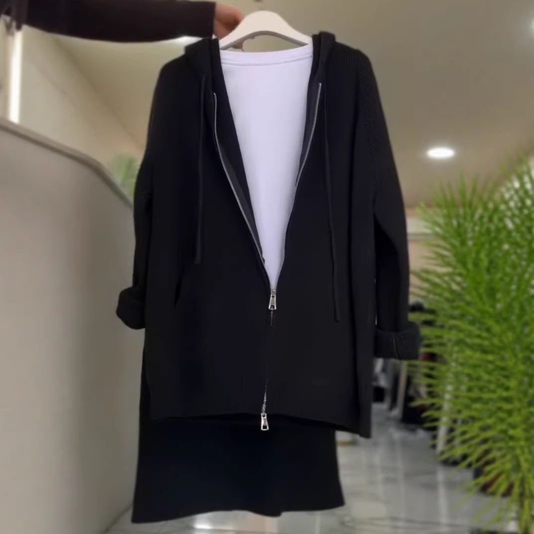Robe en maille à capuche avec fermeture éclair pour femme confort_voghion.com