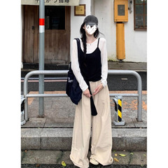 韩系小众设计感白色长袖T恤内搭叠穿黑色吊带背心女2025显瘦套装