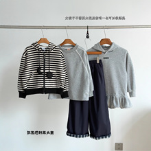韩系氛围感童装多组合套装中大童蕾丝花边卫衣黑白条纹外套春秋款