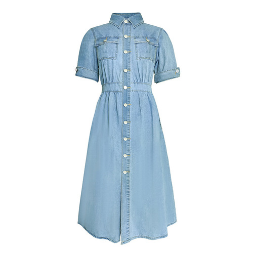 European and American Style 2024 Autumn Lapel Shirt Denim Dress Elegant A-Line Skirt Midi Dress European and American Style Dress