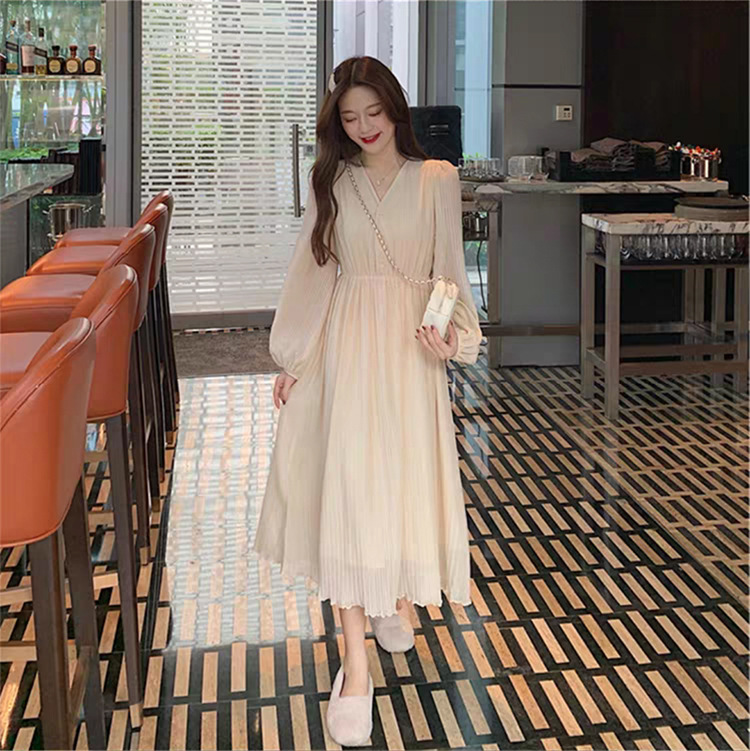 mid-length V-neck pleated chiffon dress nihaostyles clothing wholesale NSFYF85641