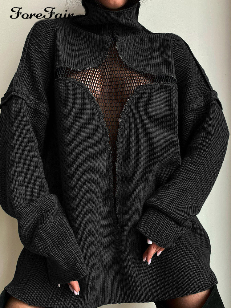 European and American style new sexy mesh perspective vacation loose knitted hollow pullover personality multi color sweater for women_voghion.com