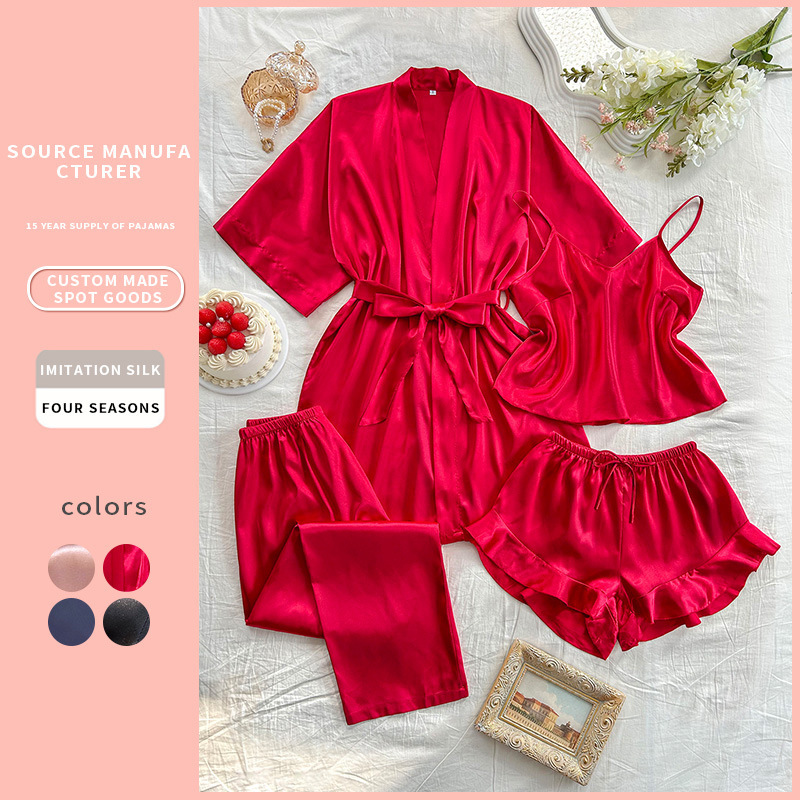 Denilin cross-border imitation silk home clothing suit simple and comfortable home four-piece fashion casual pajamas wholesale