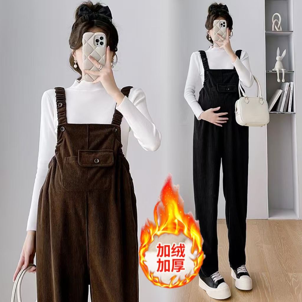 Maternity Pants New Outer Wear Autumn and Winter Fashion Suit Loose Large Size Corduroy Fleece-Lined Thickeneded Overalls for Women