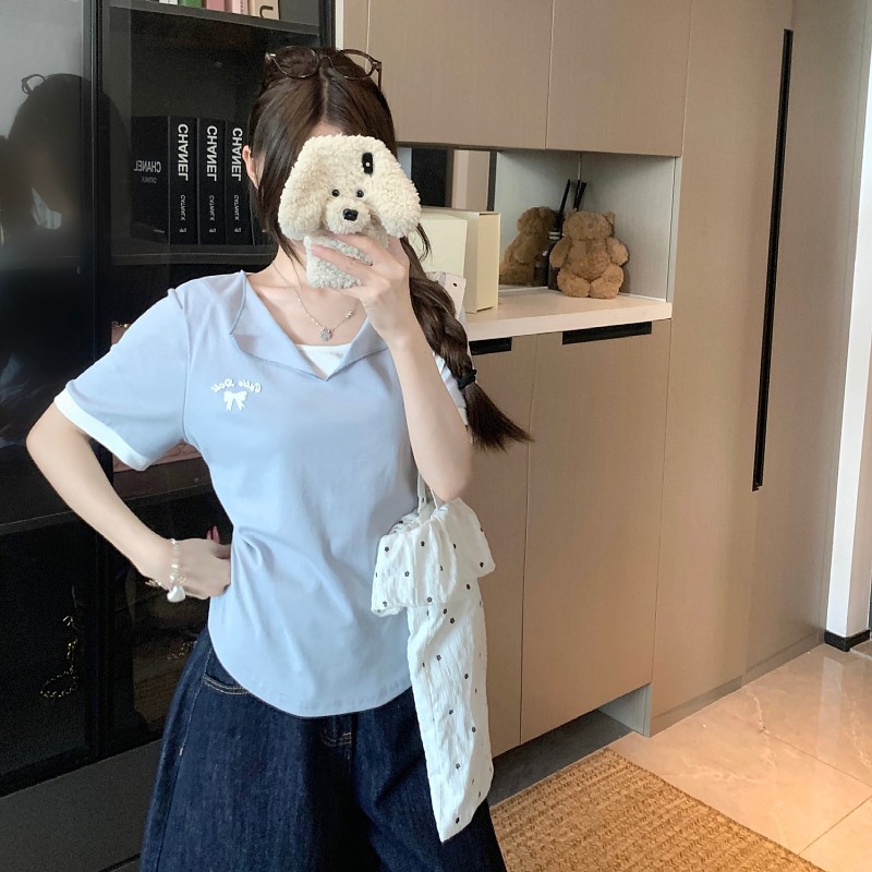 纯欲风大码正肩T恤女时尚翻领显瘦短袖夏季胖MM收腰褶皱刺绣上衣|undefined