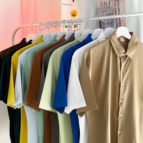 Classic five-button sleeveless men's and women's short-sleeve shirt with hidden stitching, solid color, trendy round neck, summer youth style