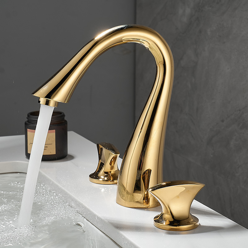 Light Luxury Golden Brass Basin Hot and Cold Faucet Scandinavian Bathroom Washbasin Three-Hole Faucet Split Three-Piece Set Light Luxury Golden Brass Basin Hot and Cold Faucet Scandinavian Bathroom Washbasin Three-Hole Faucet Split Three-Piece Set
