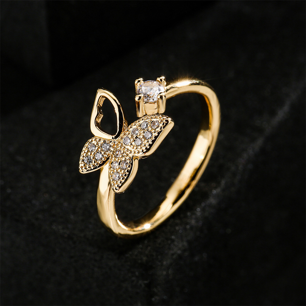 European and American fashion copper microset zircon jewelry plated 18K gold butterfly open ringpicture3
