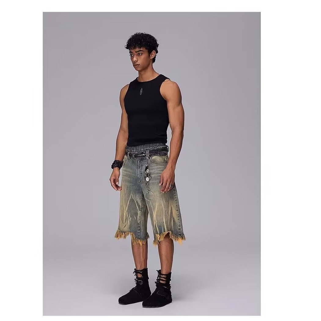 Men's And Women's Trendy Brand Dyed Yellow Mud Washed Distressed Denim Shorts Loose Five Point Style_mkmklike.com