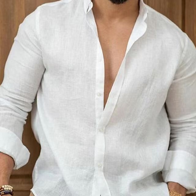 2025 Foreign Trade Amazon European and American Cotton and Linen Solid Color Men's Shirt Youth Casual Men's Fashion Cardigan New Style 2025 Foreign Trade Amazon European and American Cotton and Linen Solid Color Men's Shirt Youth Casual Men's Fashion Cardigan New Style