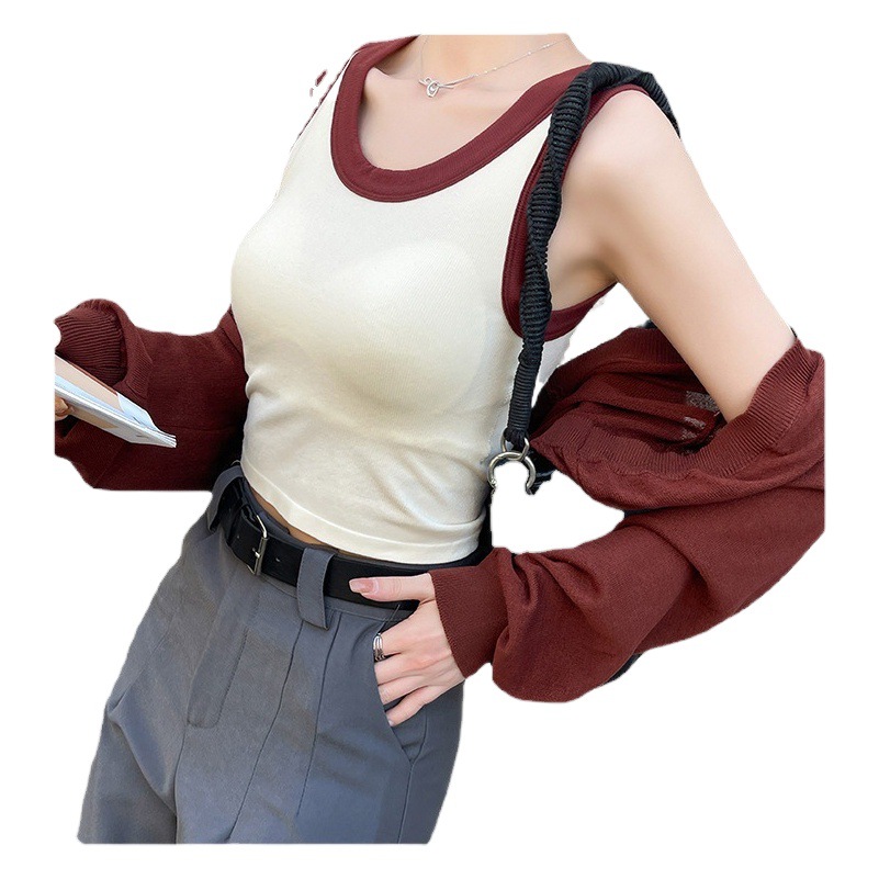 2023 nuevo estilo coreano contraste de color integrado belleza espalda Mujer retro picante chica fija Copa desgaste exterior chaleco a juego con almohadilla en el pecho