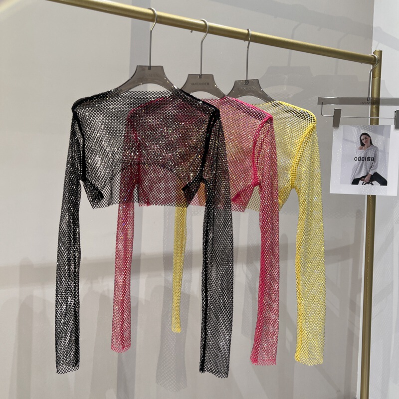 Thin Sexy Color Diamond Short Top Mesh Diamond Outer Wear Sun Protection Long Sleeve Shirt Flash Party Shirt