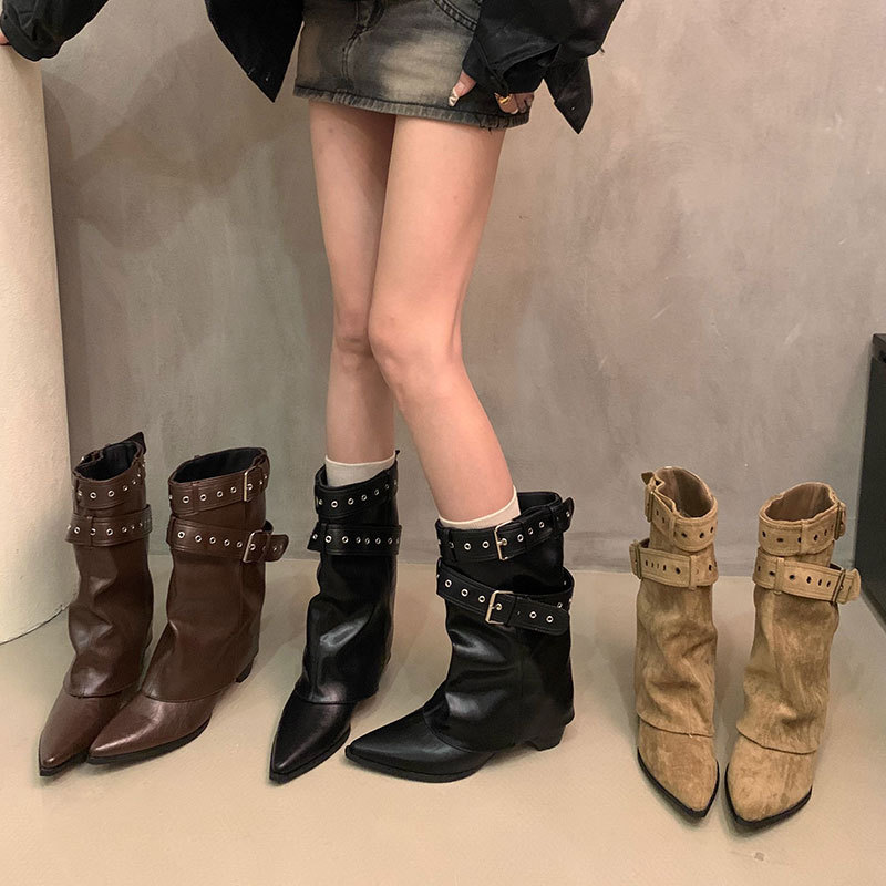 Pointed-toe chunky-heeled western cowboy stacked long boots for women, 2026 new autumn high-tube and mid-tube boots Pointed-toe chunky-heeled western cowboy stacked long boots for women, 2026 new autumn high-tube and mid-tube boots
