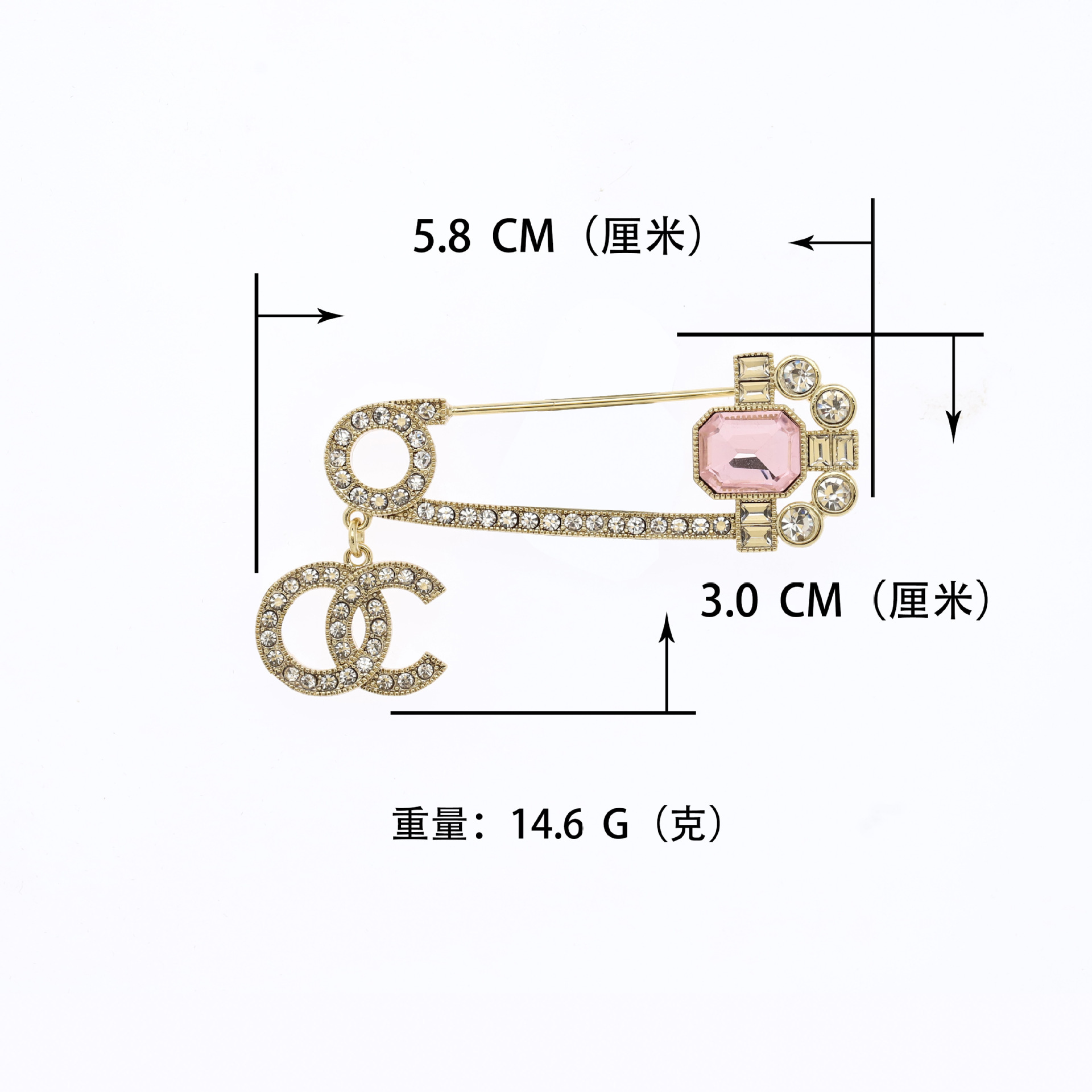 Personalized Pink Crystal Double C Rhinestone Pendant Brass Gold-Plated Women's Small Chanel-Style Decorative Brooch for Fashion and Commuting