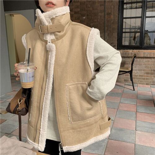 Women's Winter New Plus Size Stand Collar Insulated Biker Vest with Faux Lamb Wool