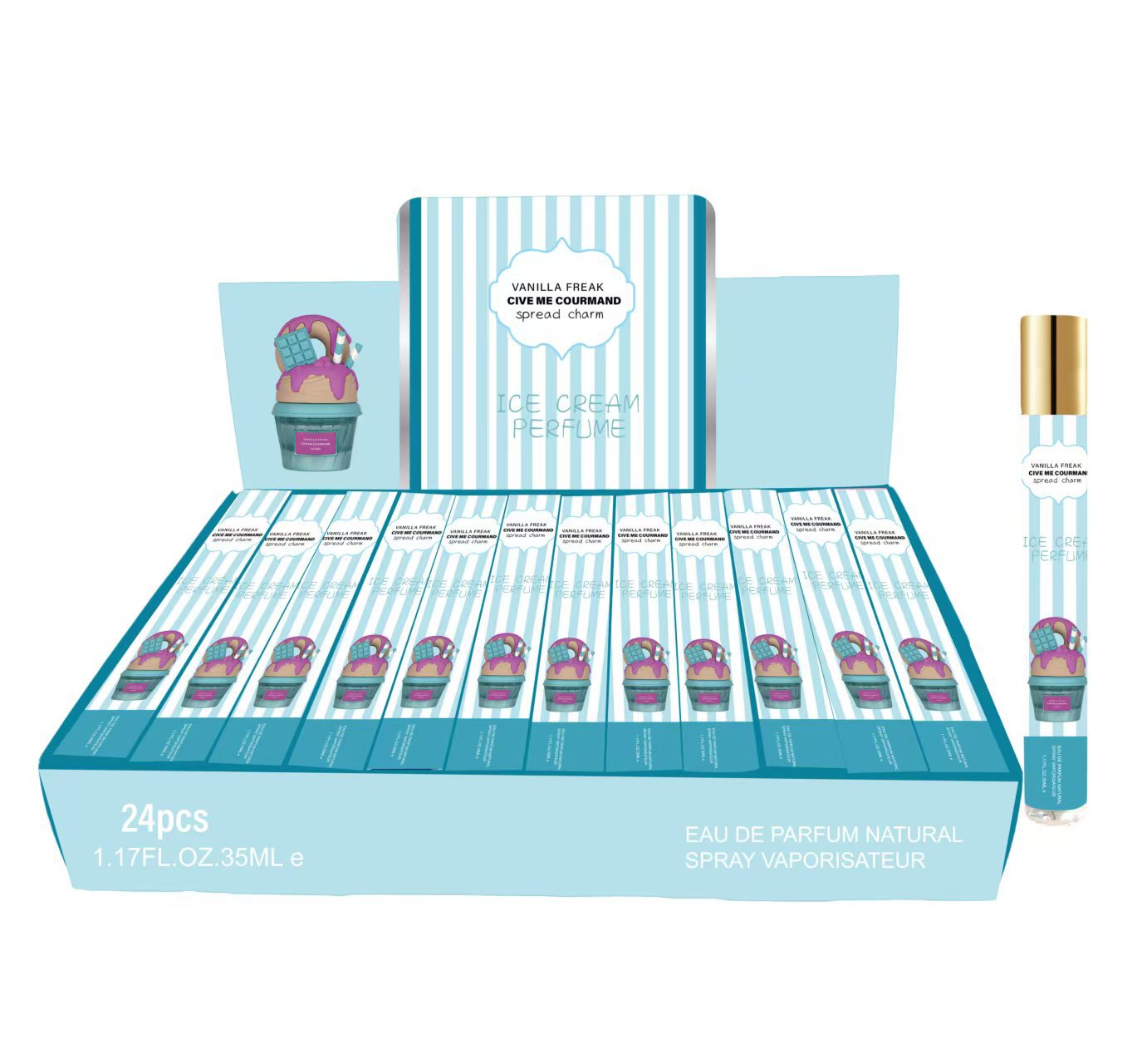Fronteriza venta caliente de vainilla helado perfume lindo paquete de perfume duradero 35ml perfume al por mayor