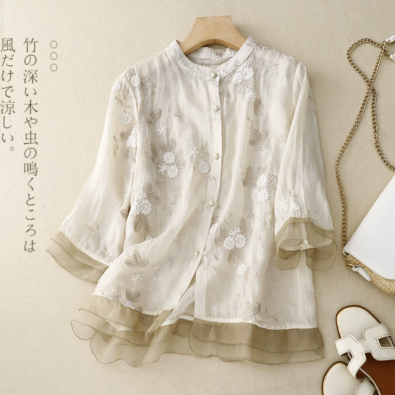 Весенний и летний новый китайский стиль ретро тяжелая промышленная вышивка рами рубашка топ литературный темперамент свободная повседневная рубашка с рукавами