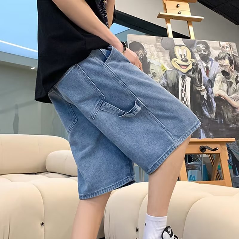 Ropa de trabajo pantalones cortos de mezclilla pantalones cortos de pierna ancha estilo de Hong Kong de estilo fino de verano para hombres pantalones sueltos de marca de moda con bolsillos grandes