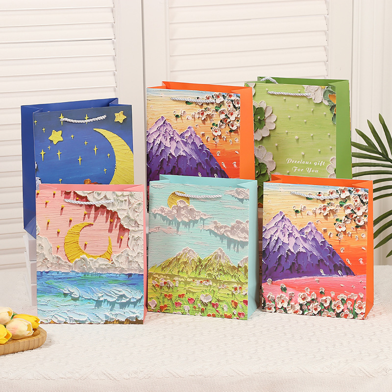 创意牛皮纸生日礼物袋花店花艺鲜花包装纸袋抽象油画礼品袋批发牛