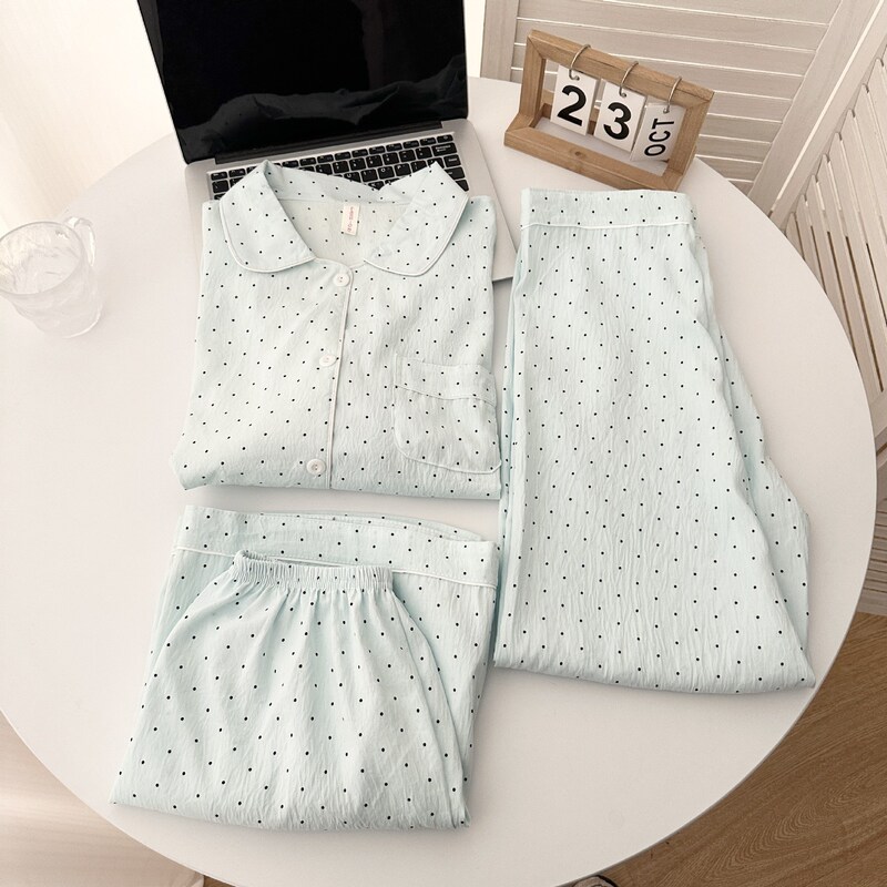 Cloud Cotton Three-Piece Set #Mint Dots Casual Pajamas Summer Internet Celebrity Short-Sleeve High-End Homewear Set Cloud Cotton Three-Piece Set #Mint Dots Casual Pajamas Summer Internet Celebrity Short-Sleeve High-End Homewear Set