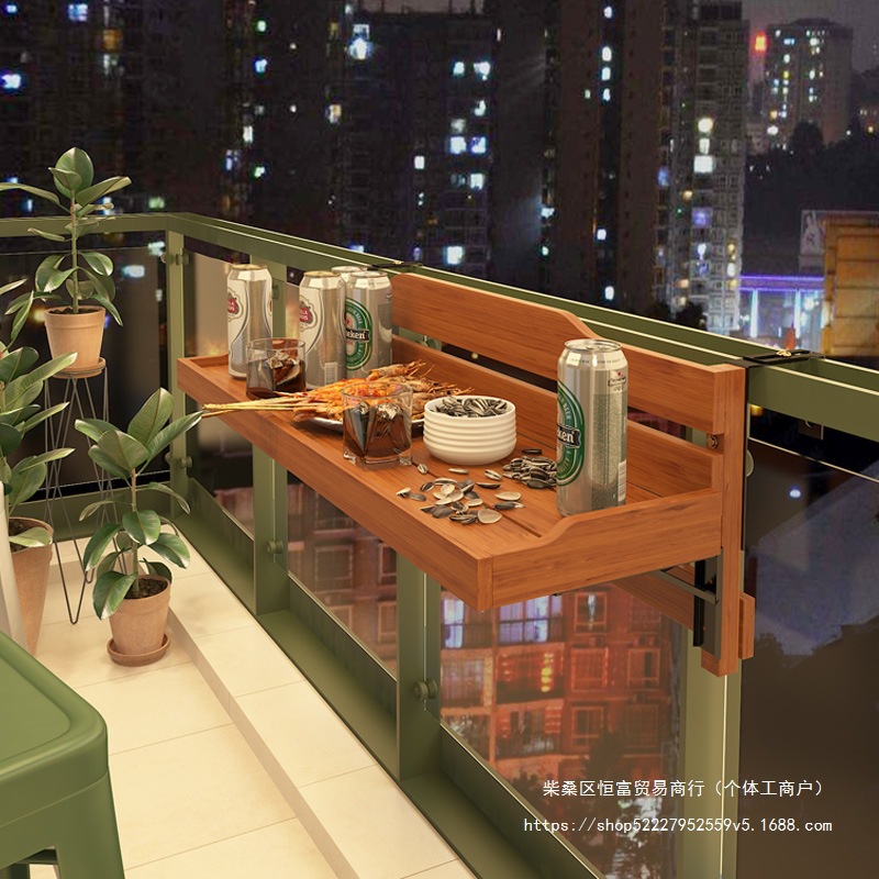 Balcony Leisure Small Bar Hanging on the Railing Folding Bar Rack Solid Wood Small Apartment Hanging Household Folding Hanging Table