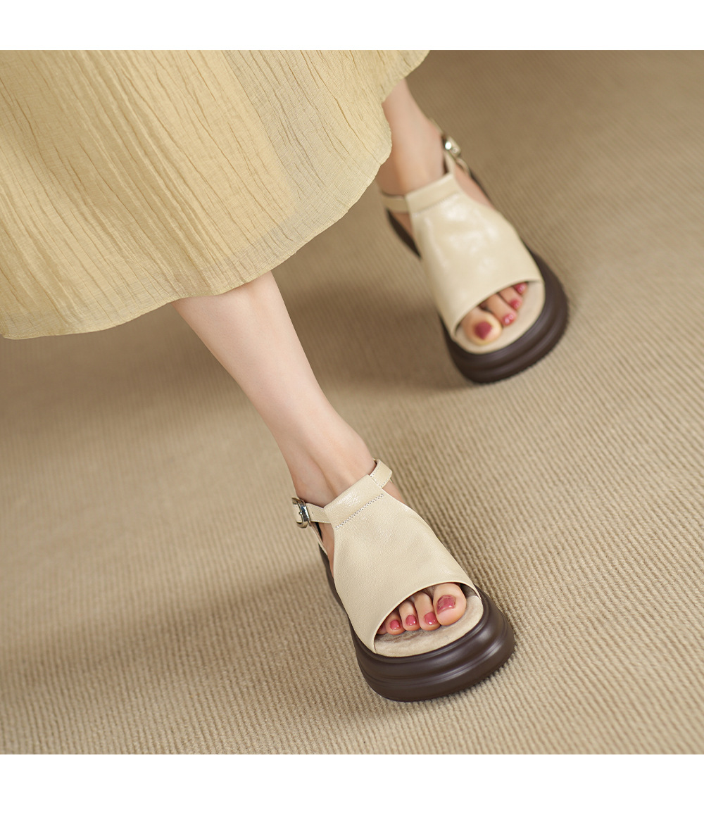 Sandal cao gót nữ hở mũi da bò đế dày quai ngang khóa — Khóa thắt lưng màu đen, Khóa thắt lưng màu nâu, Velcro màu mơ, Giấy dán ma thuật màu nâu chi tiết 6